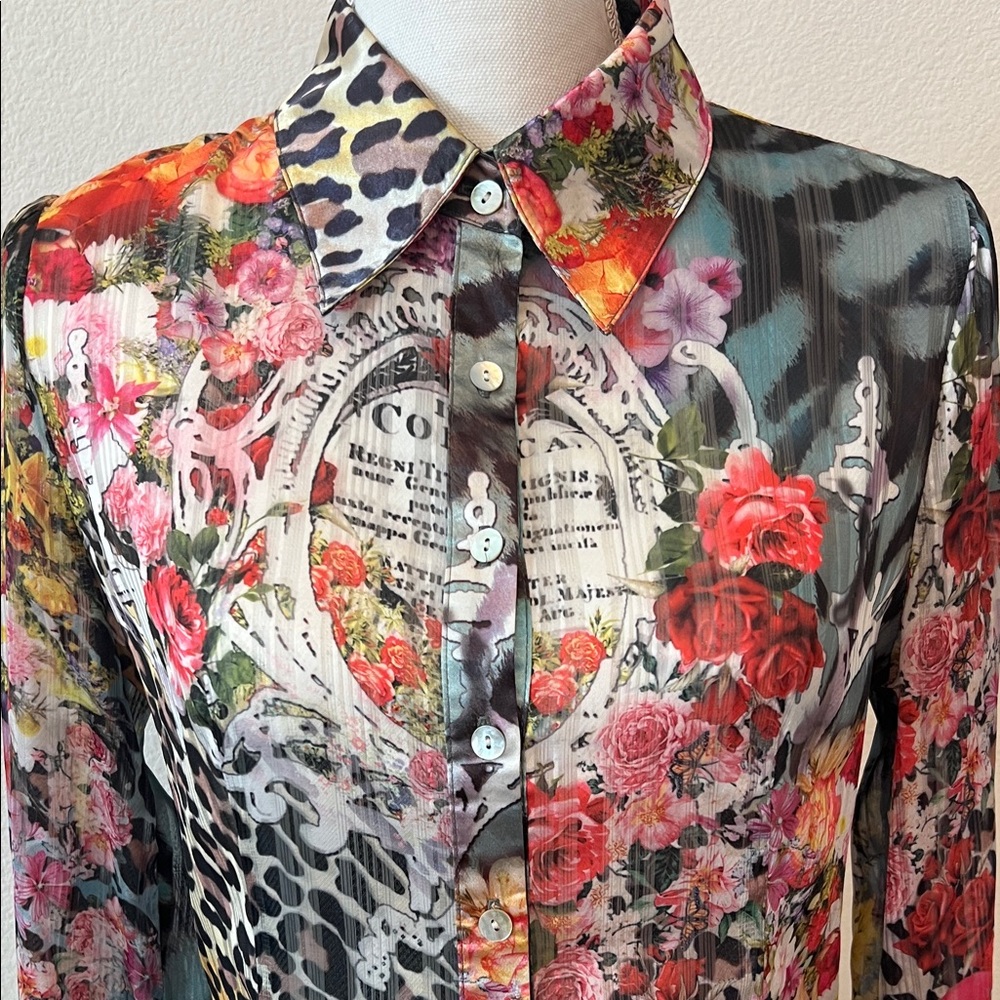 XS Women's Silk Sheer Floral & Leopard Print Button-Down Shirt in Multi-Color - Picture 3 of 15